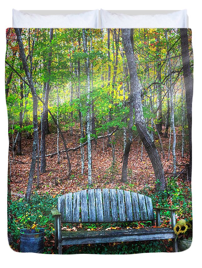 Barns Duvet Cover featuring the photograph The Bench in the Forest by Debra and Dave Vanderlaan