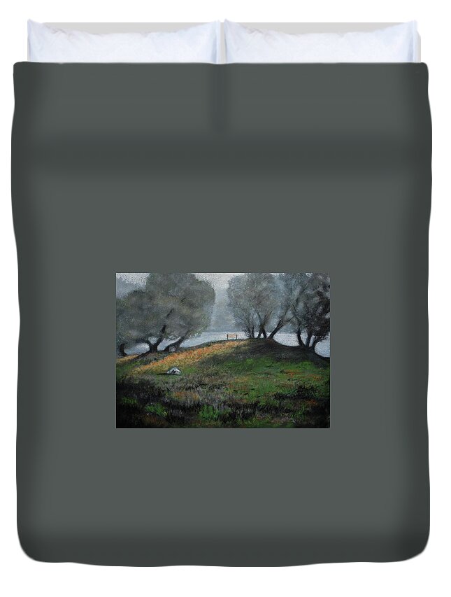 Foggy Day Duvet Cover featuring the pastel The Bench by Sandra Lee Scott