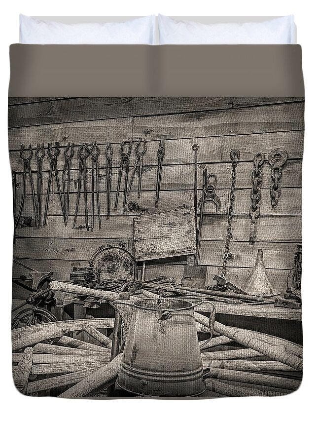 Black And White Duvet Cover featuring the photograph The Blacksmith Is Away by Joan Stratton
