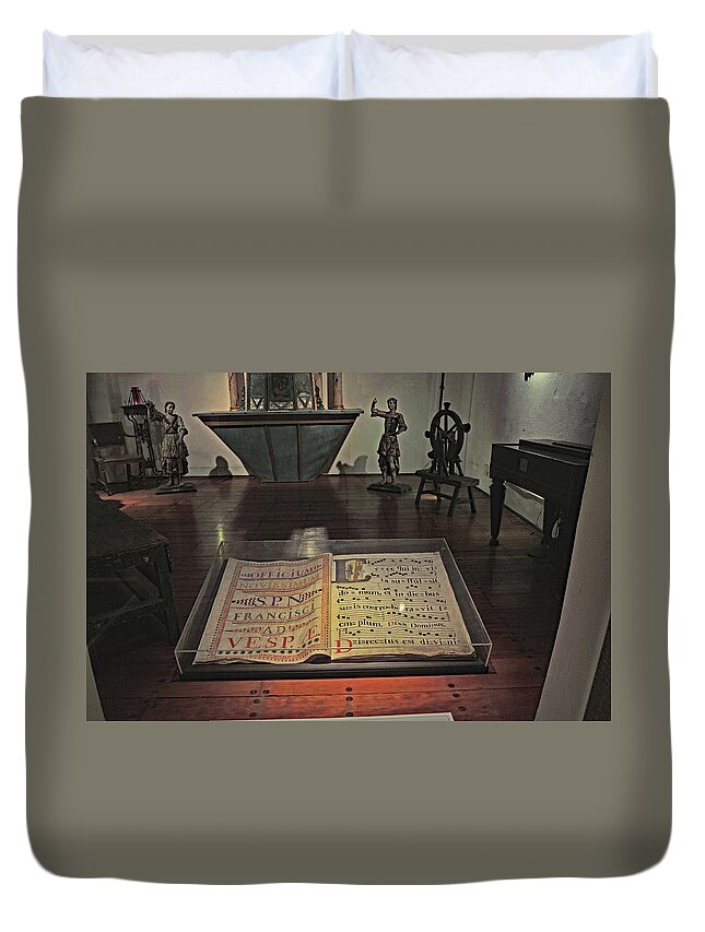 Book Duvet Cover featuring the photograph The Book in the Glass Case - Mission Santa Barbara by Amazing Action Photo Video