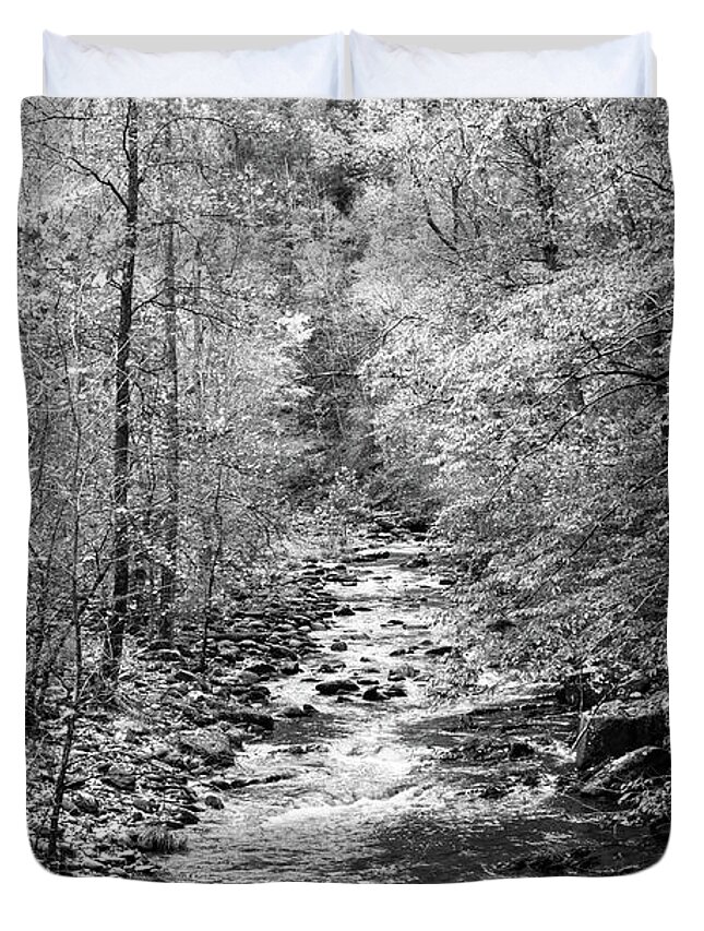 Carolina Duvet Cover featuring the photograph The Call of the Forest II in Black and White by Debra and Dave Vanderlaan