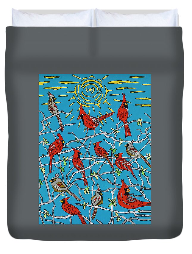Cardinals Duvet Cover featuring the painting The Cardinal Lounge by Mike Stanko