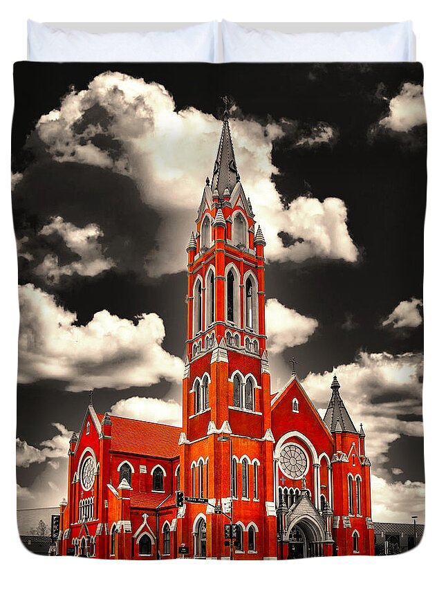 Cathedral Shrine Of The Virgin Of Guadalupe Duvet Cover featuring the digital art The Cathedral Shrine of the Virgin of Guadalupe in Dallas, Texas, isolated on black and white by Nicko Prints