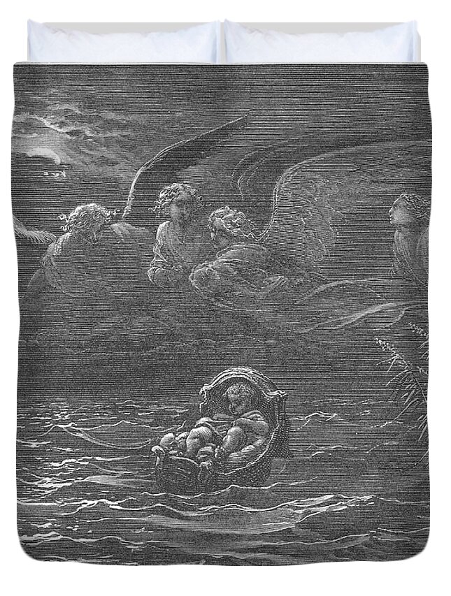 Child Duvet Cover featuring the drawing The Child Moses on the Nile by Gustave Dore v1 by Historic illustrations
