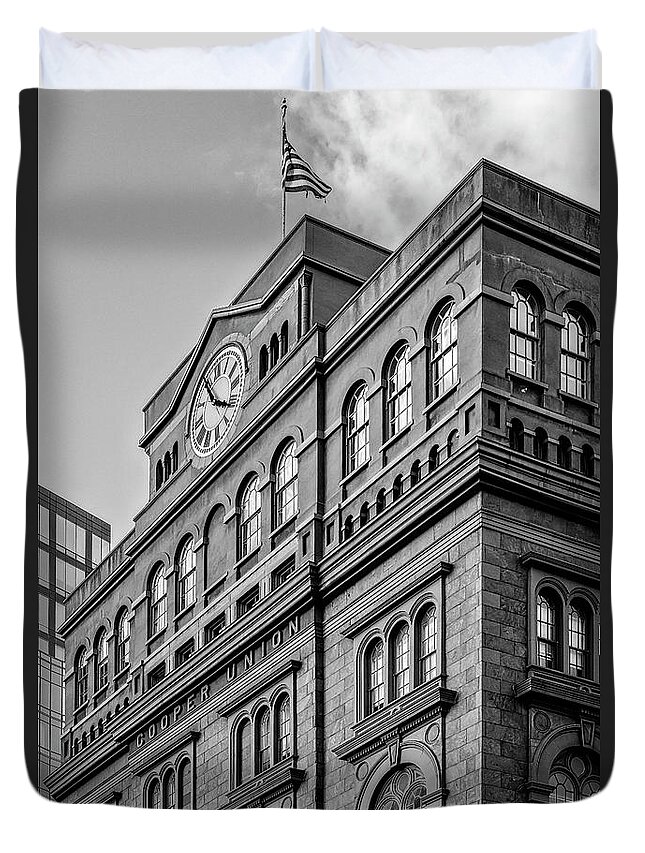 Cooper Union Duvet Cover featuring the photograph The Cooper Union BW by Susan Candelario