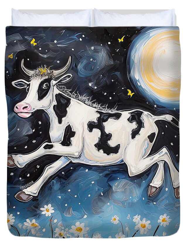 Cow Duvet Cover featuring the painting The Cow Jumped Over The Moon by Tina LeCour