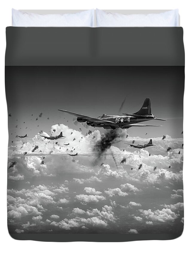 Flying Fortress Duvet Cover featuring the photograph The day job black and white version by Gary Eason