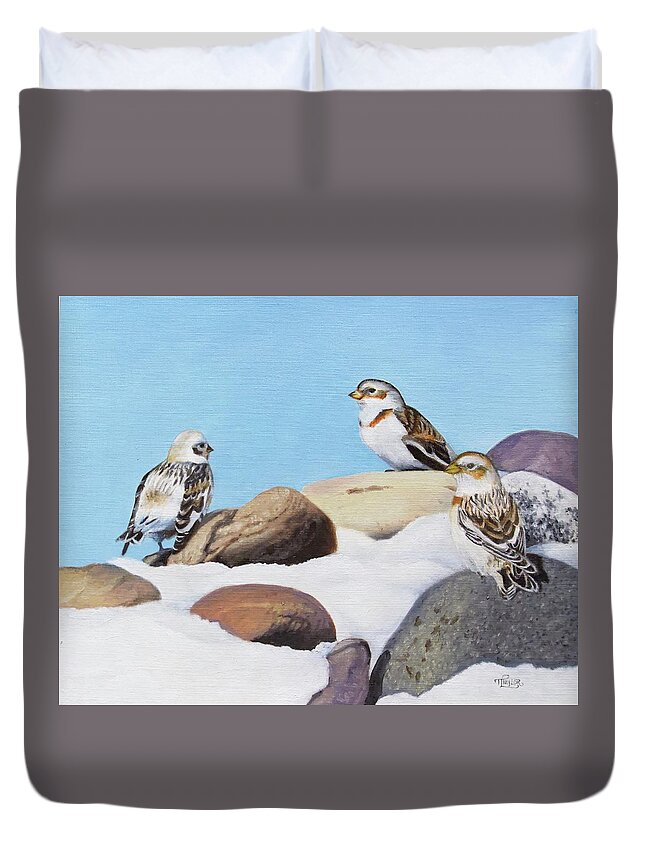 Snow Buntings Duvet Cover featuring the painting The Debate by Tammy Taylor