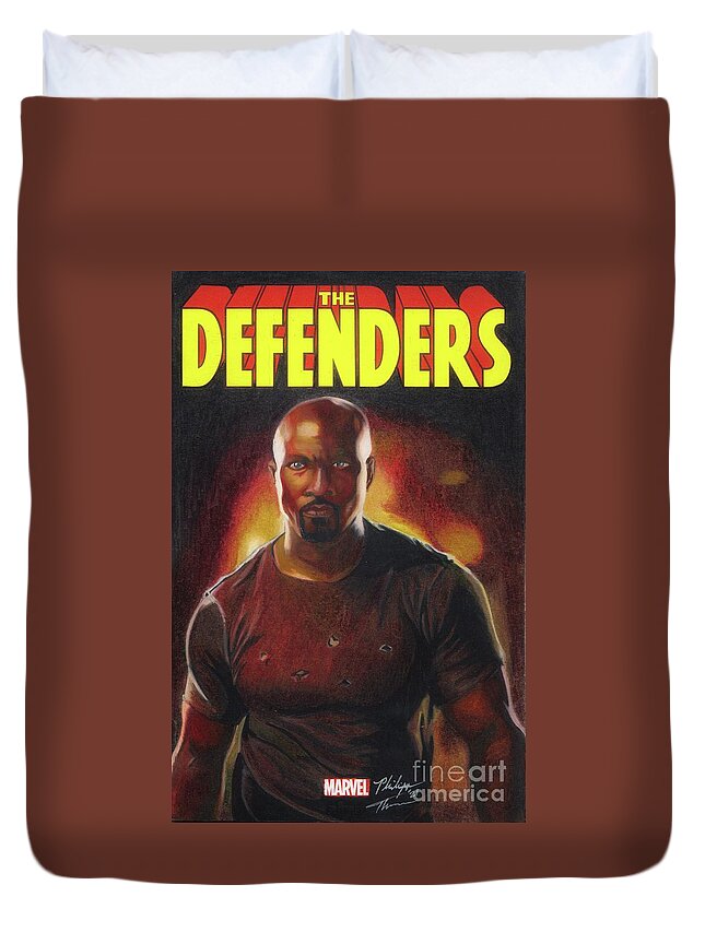 Marvel Duvet Cover featuring the drawing The Defenders #1 by Philippe Thomas