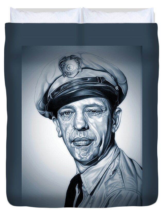 Don Knotts Duvet Cover featuring the drawing The Deputy - WB - Police Blue Edition by Fred Larucci