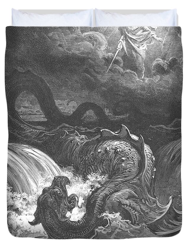 Destruction Duvet Cover featuring the drawing The Destruction of Leviathan by Gustave Dore v1 by Historic illustrations