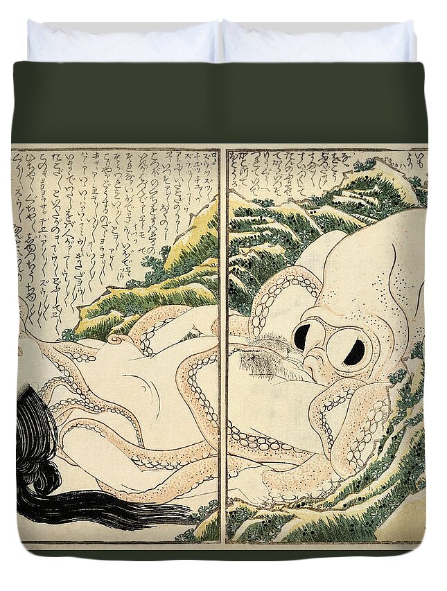 Katsushika Hokusai Duvet Cover featuring the painting The Dream of the Fisherman's Wife, 1814 by Katsushika Hokusai