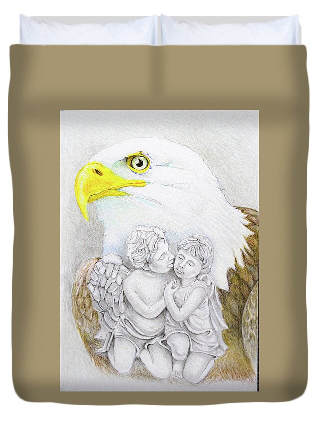 Bird Duvet Cover featuring the drawing The Eagle Guardian by Tim Ernst