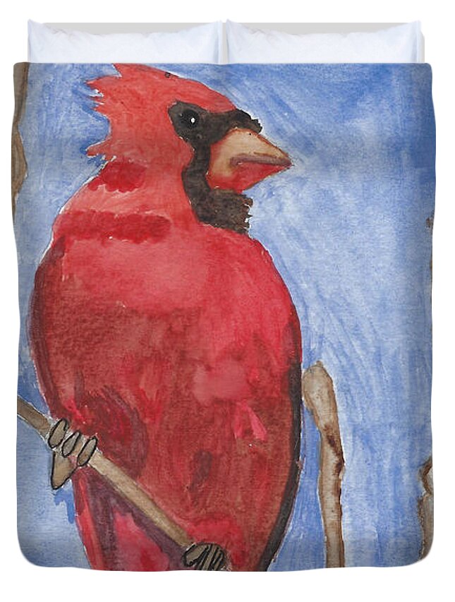 Cardinal Duvet Cover featuring the painting Red Watercolor Cardinal -The Emperor by Ali Baucom