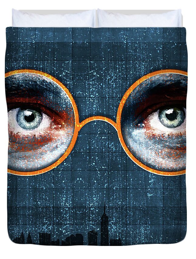 Dr Tj Eckleburg Duvet Cover featuring the mixed media The Eyes of Dr. TJ Eckleburg - The Great Gatsby - F.Scott Fitzgerald - Blue 04 by Studio Grafiikka
