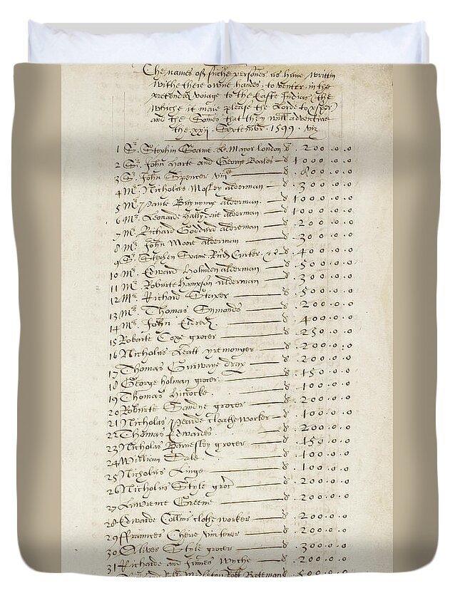 India;indian;indians;asia;asian;asians;asia Duvet Cover featuring the drawing The First Subscription List for the English East India Company, 22 September 1599 by English School