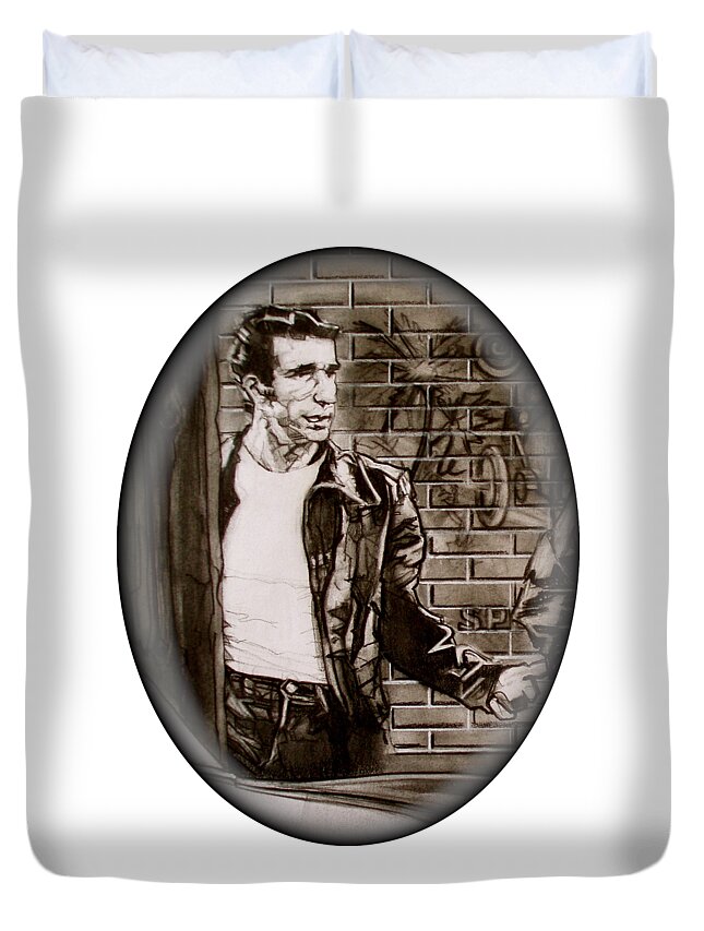 Charcoal Pencil On Paper Duvet Cover featuring the drawing The Fonz - detail by Sean Connolly