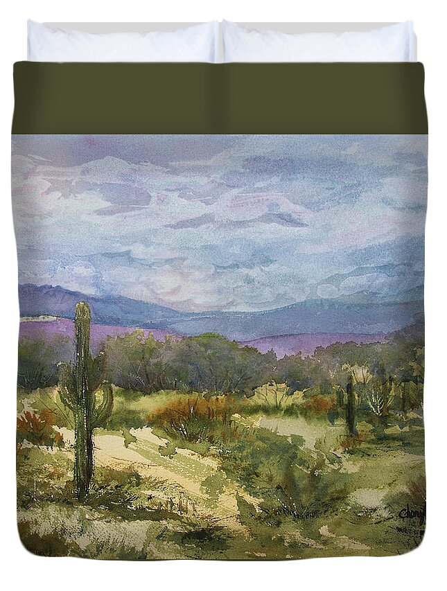 Desert Duvet Cover featuring the painting The Four Peaks Wildness by Cheryl Prather