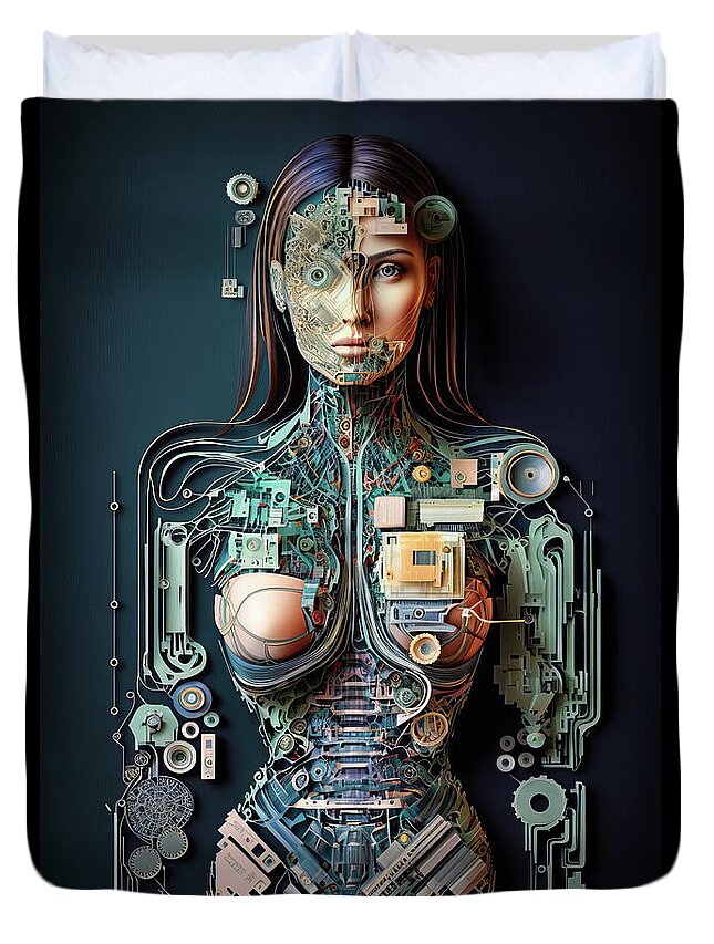 Cyborg Duvet Cover featuring the digital art The Future of AI 02 Robot Woman by Matthias Hauser