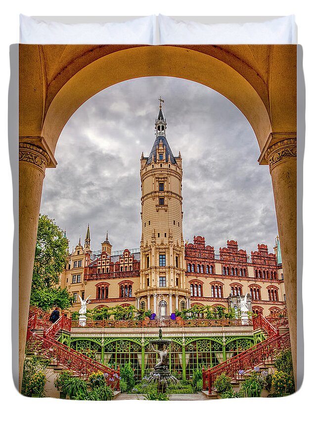 Schwerin Palace Duvet Cover featuring the photograph The Garden Courtyard of Schwerin Castle by Jurgen Lorenzen