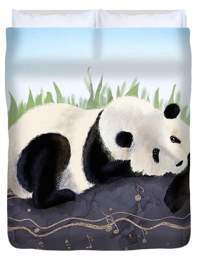 Musical Panda Duvet Cover featuring the digital art The Giant Panda Humming a Song by Andreea Dumez