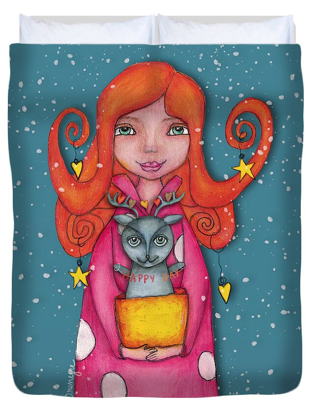 Girl Duvet Cover featuring the mixed media The girl and the reindeer by Barbara Orenya