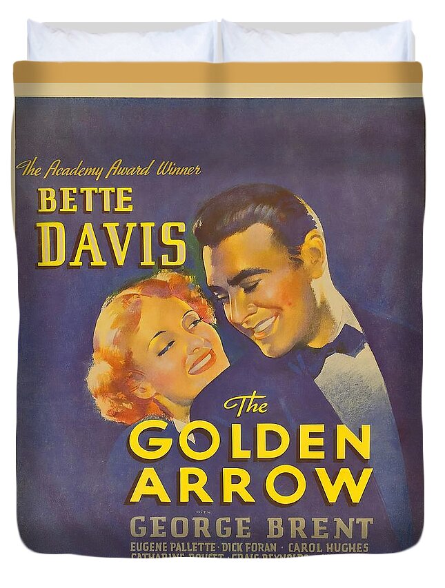 Golden Duvet Cover featuring the mixed media ''The Golden Arrow'', 1936, movie poster by Stars on Art