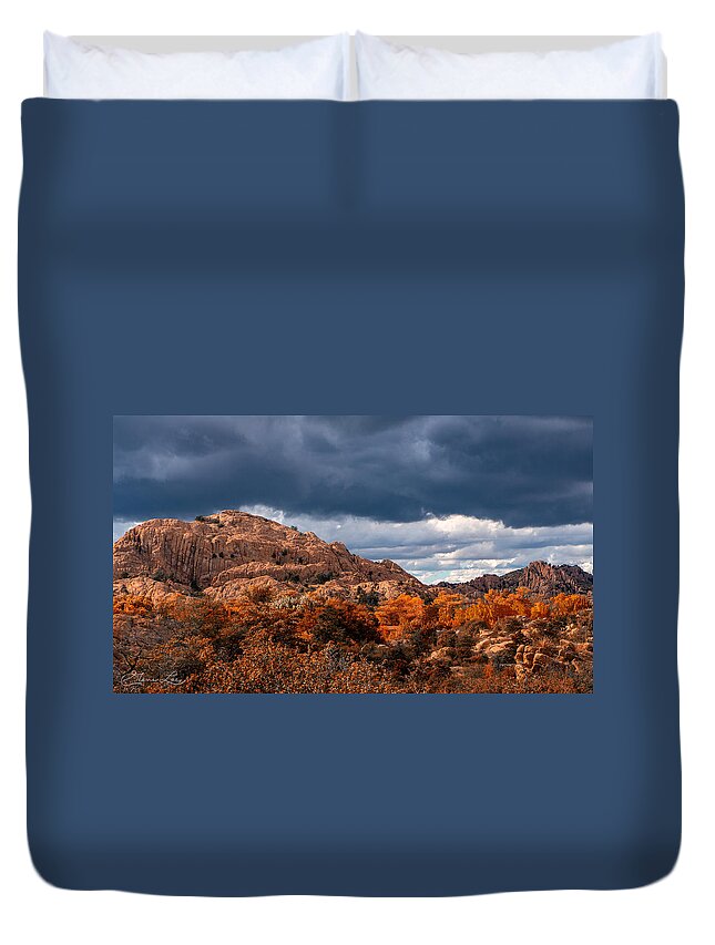 Fall Colors Granite Dells Boulders Water Lake Revivor Fstop101 Prescott Arizona Red Blue Colorful Rock Dark Clouds Summer Monsoon Storm Duvet Cover featuring the photograph The Granite Dells Bathed in Fall Colors by Geno