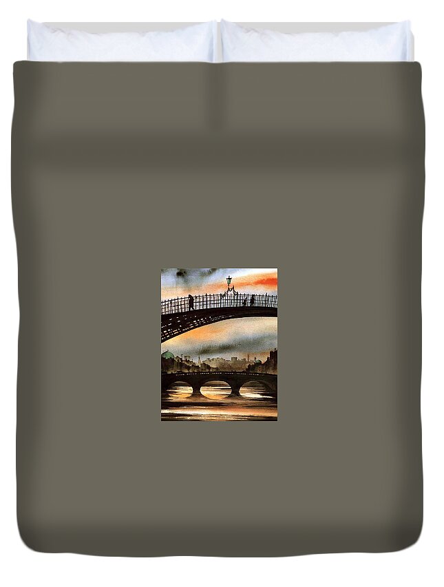  Duvet Cover featuring the painting The Ha'penny Bridge, River Liffey. by Val Byrne