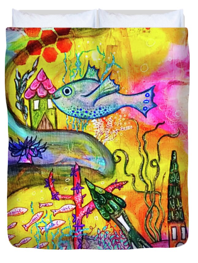 Fish Duvet Cover featuring the mixed media The Happy Village by Mimulux Patricia No