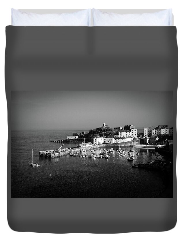 Pembrokeshire Duvet Cover featuring the photograph The harbour in autumn sunshine, Tenby by Seeables Visual Arts
