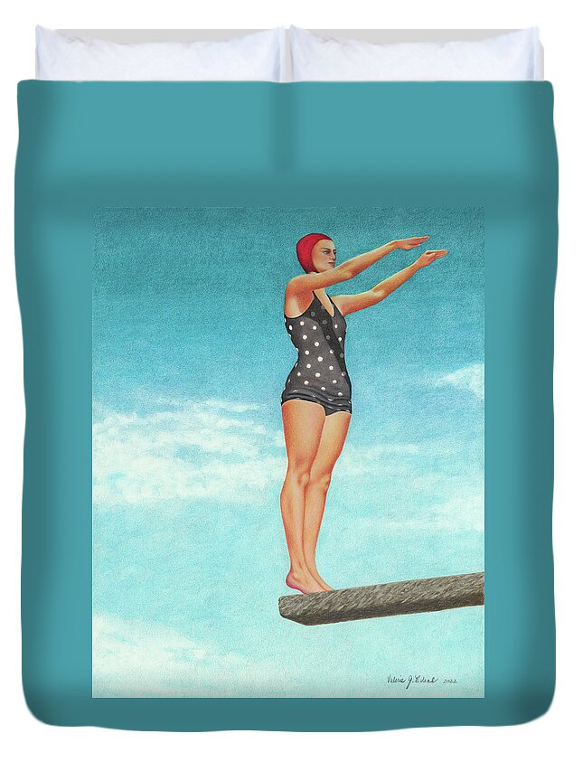 High Dive; Diving Board; Vintage Bathing Beauties; Red Swim Cap; Diving Competitions; Vintage Bathing Suits; Swimming; Polka Dot Swim Suit Duvet Cover featuring the painting The High Dive by Valerie Evans