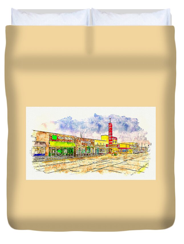 Uptown Theatre Duvet Cover featuring the digital art The historic Uptown Theatre in downtown Grand Prairie, Texas - pen sketch and watercolor by Nicko Prints