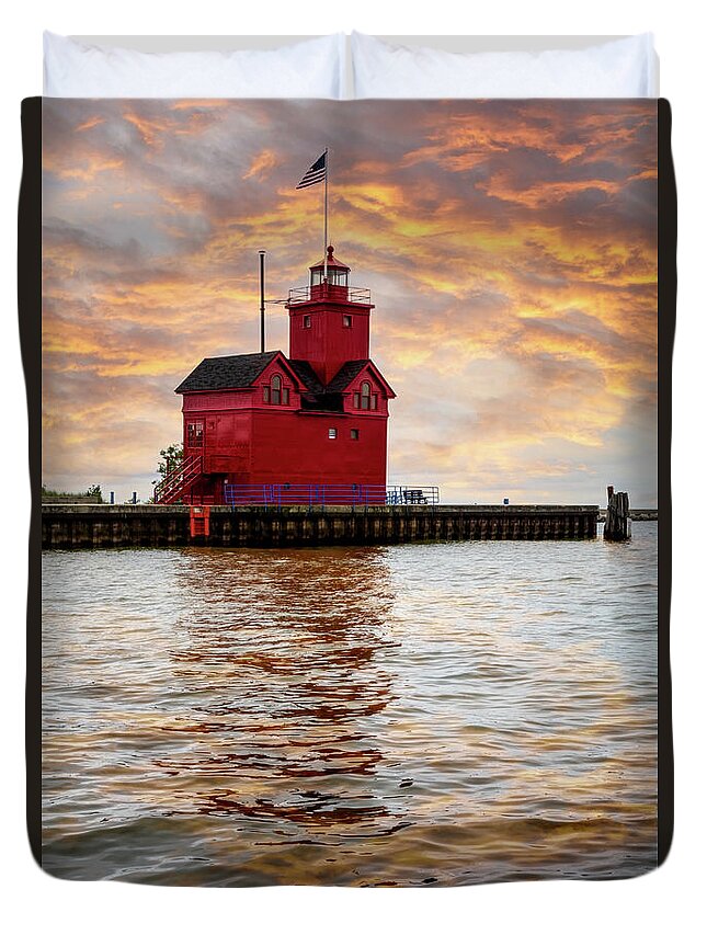 Lighthouse Duvet Cover featuring the photograph The Holland Harbor Lighthouse by Debra and Dave Vanderlaan