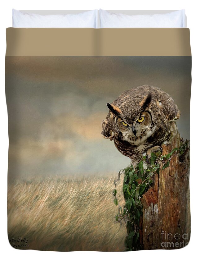 Great Horned Owl Duvet Cover featuring the mixed media The Hunt by Kathy Kelly