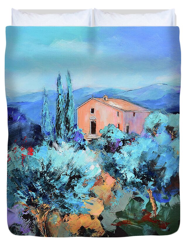 Olive Duvet Cover featuring the painting The Italian Chapel among the Olive Trees by Elise Palmigiani