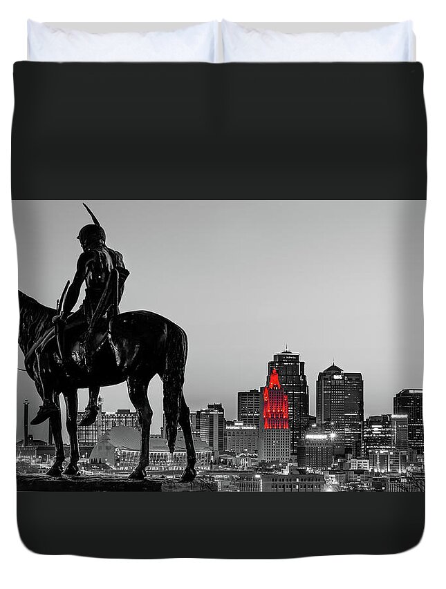 Kansas City Scout Duvet Cover featuring the photograph The Kansas City Scout Overlooking The Downtown Cityscape - Selective Color Panorama by Gregory Ballos