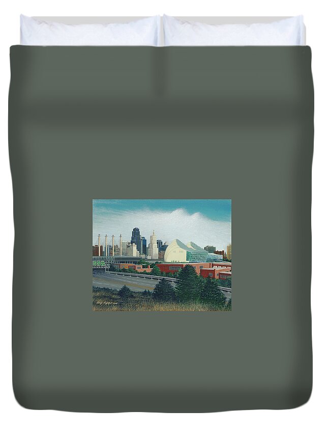 Architectural Cityscape Duvet Cover featuring the painting The Kauffman Center and K.C.Skyline by George Lightfoot