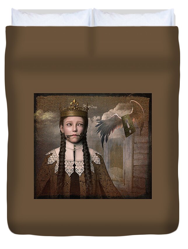 Key Crown Princess Wings Braids Gold Surreal Fairytale Duvet Cover featuring the digital art The Key by Alisa Williams