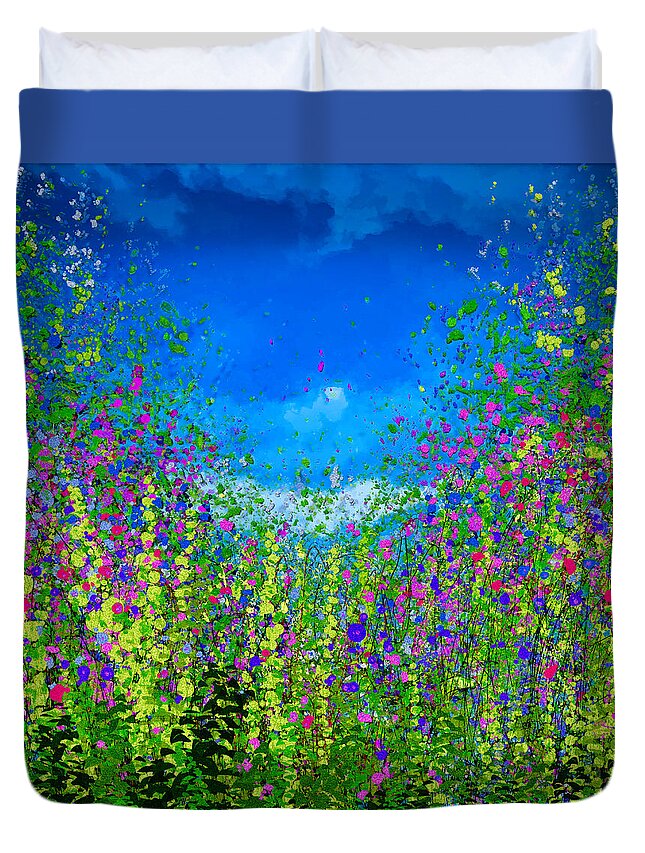 Tall Grass Duvet Cover featuring the mixed media The Kingdom of Bees in Tall Grass Meadow Abstract Wild Flowers by Lena Owens - OLena Art Vibrant Palette Knife and Graphic Design