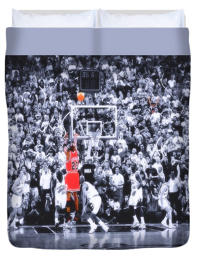 Michael Jordan Duvet Cover featuring the photograph The Last Shot 23h by Brian Reaves