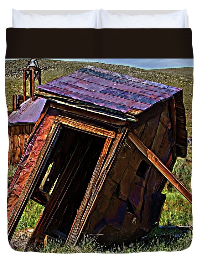 Abandoned Duvet Cover featuring the digital art The Leaning Outhouse Of Bodie by David Desautel