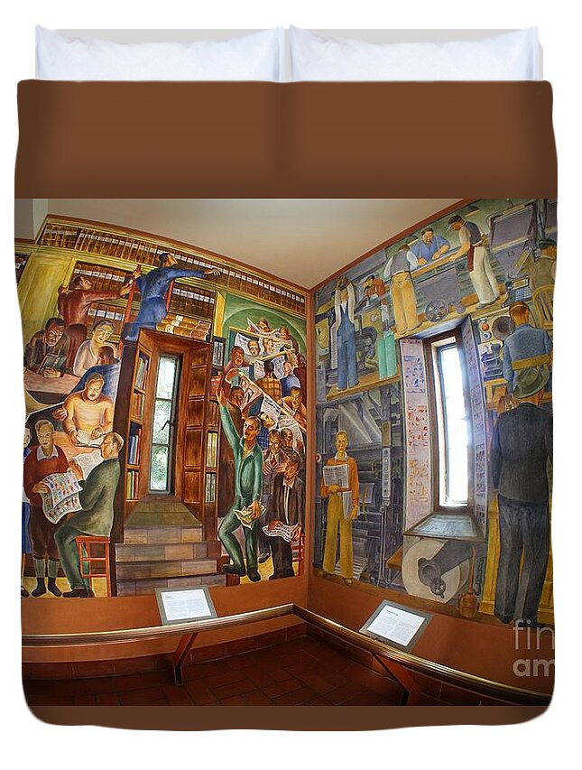 Coit Tower Murals Duvet Cover featuring the photograph The Library and News-Gathering by Tony Lee