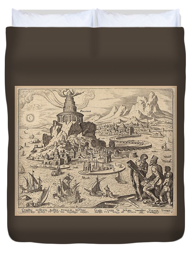 Philip Galle Duvet Cover featuring the drawing The Lighthouse at Alexandria by Philip Galle