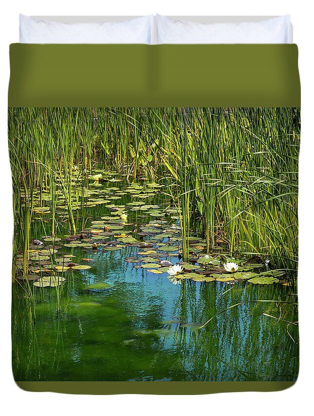 Water Lily Duvet Cover featuring the photograph The Lily Pond by Bonnie Follett