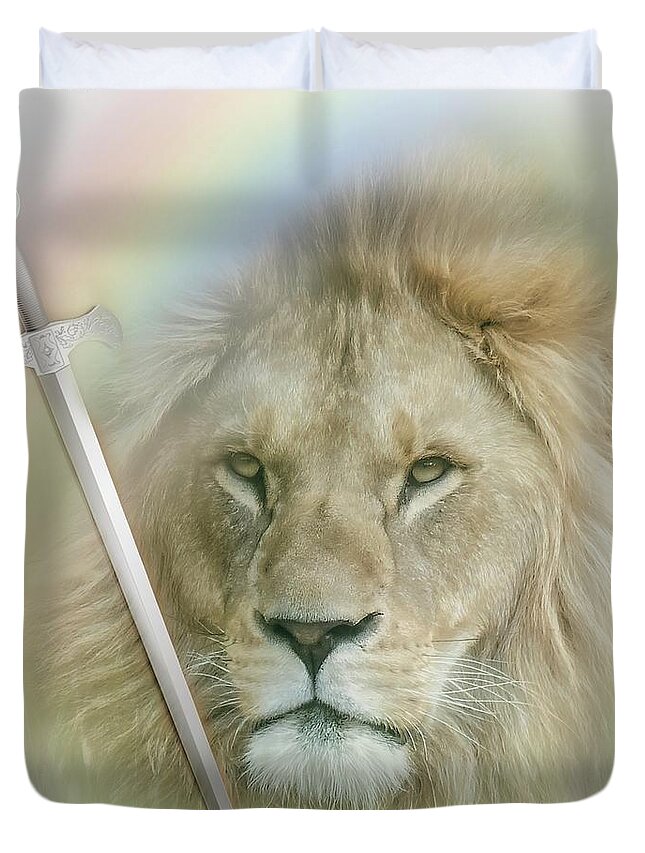 Rainbow Duvet Cover featuring the photograph The Lion and the Sword by Marjorie Whitley