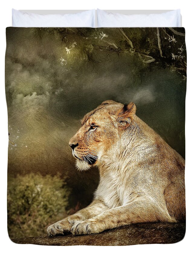 Lioness Duvet Cover featuring the digital art The Lioness by Maggy Pease