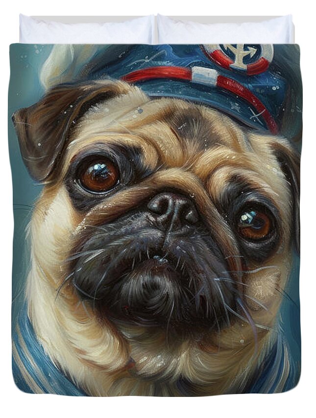Pug Duvet Cover featuring the painting The Little Captain by Tina LeCour