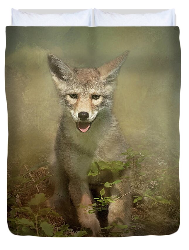 Coyote Duvet Cover featuring the digital art The Littlest Pack Member by Nicole Wilde