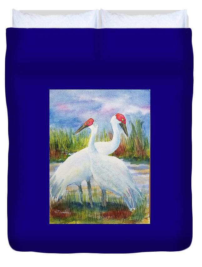Sandhill Cranes Duvet Cover featuring the painting The Locals by Ann Frederick